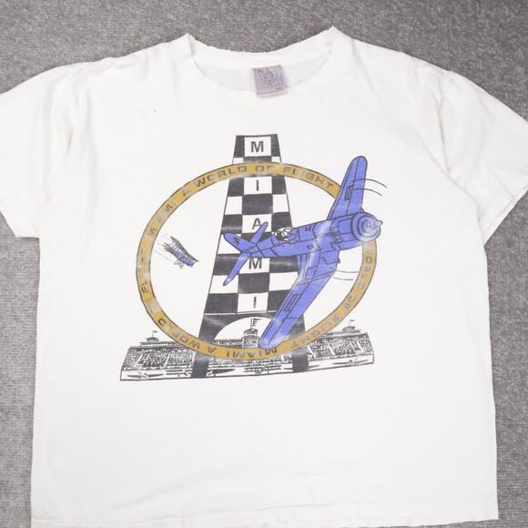 VTG Miami World of Flight Airplanes Thrashed XL White Short Sleeve T-Shirt - Picture 10 of 13